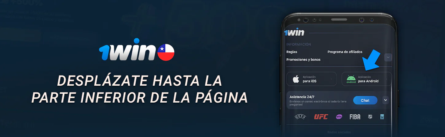 Encuentra el botón para descargar la aplicación android 1Win