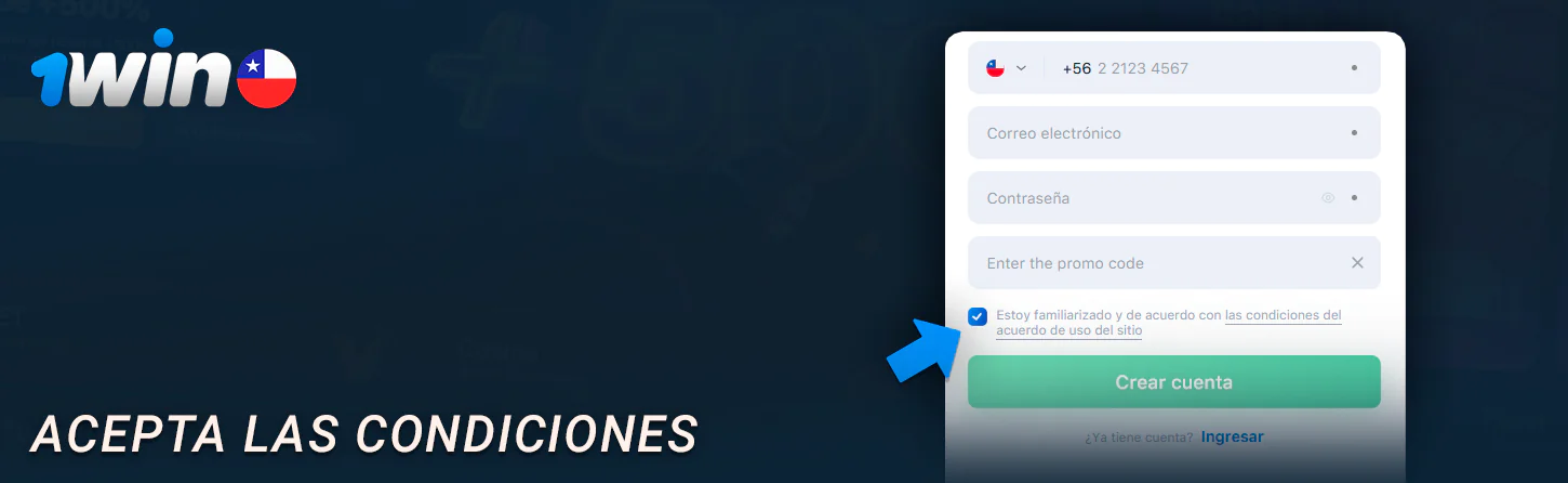 Aceptar las condiciones de registro en 1Win